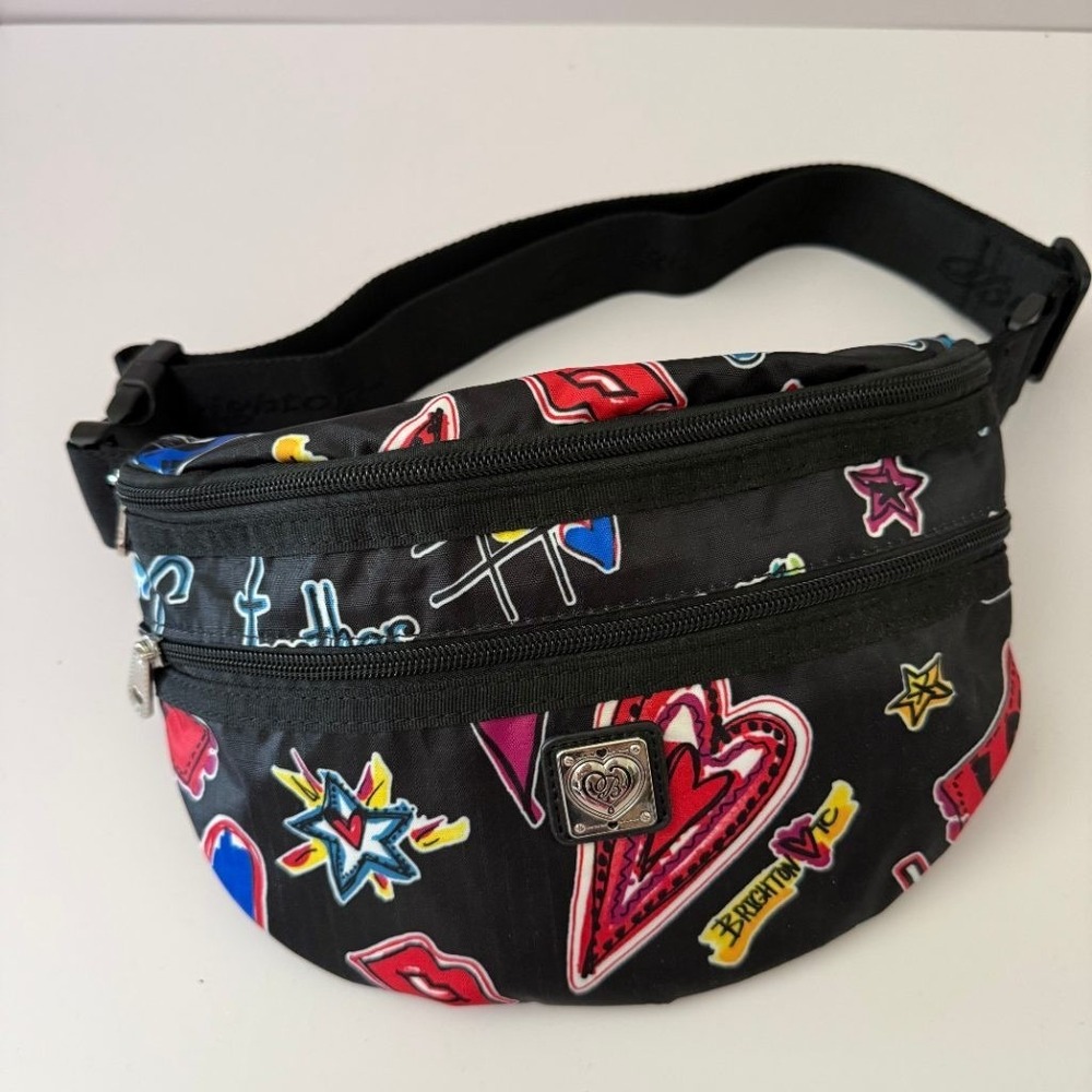 Brighton Belt Bag Fanny Pack Black Nylon Graffiti Heart Star Love Print Adjustab